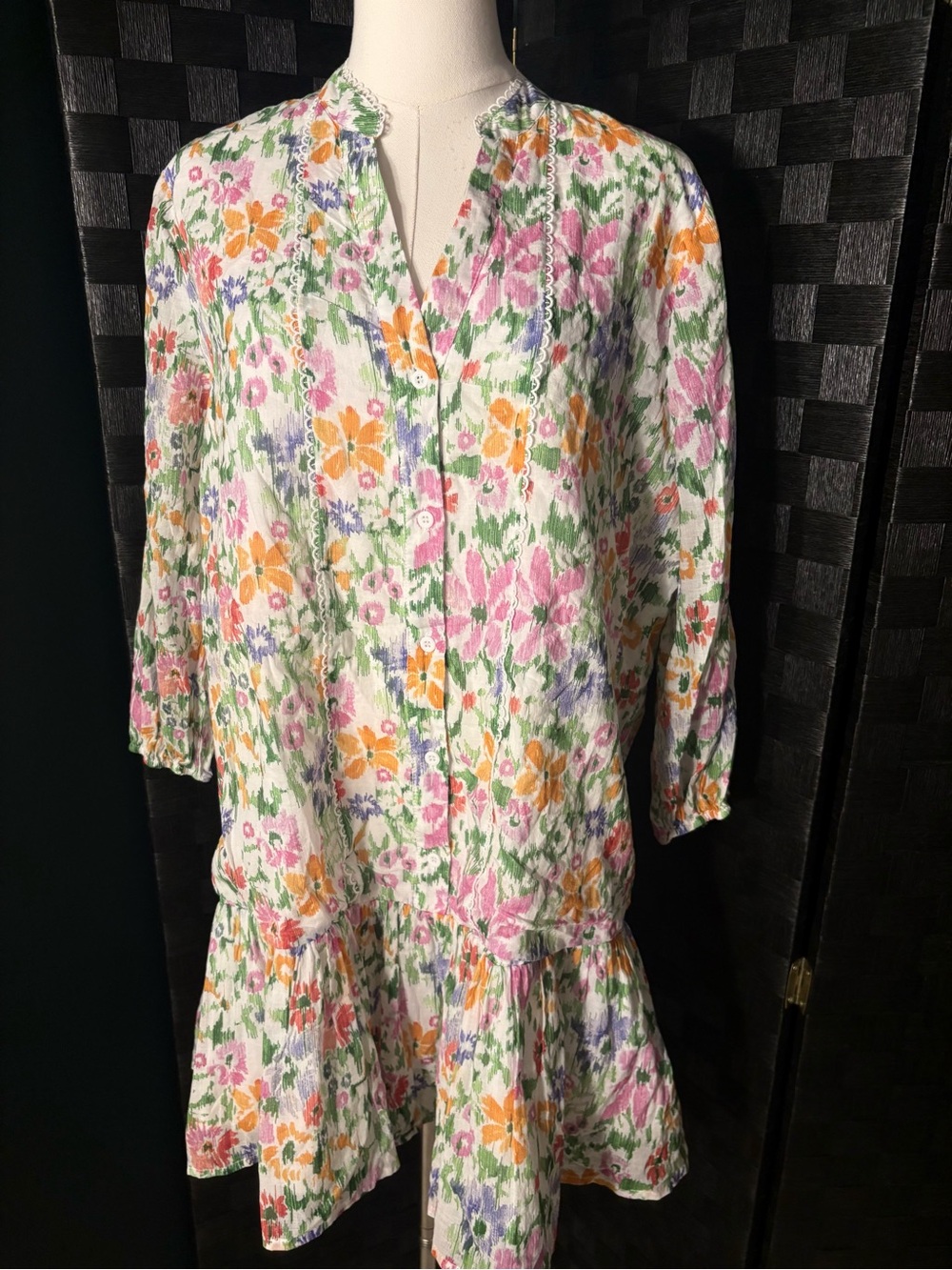 Fate Boho Floral Button-Front Drop-Waist Mini Dress Lace Trim Cotton Ruffle Hem